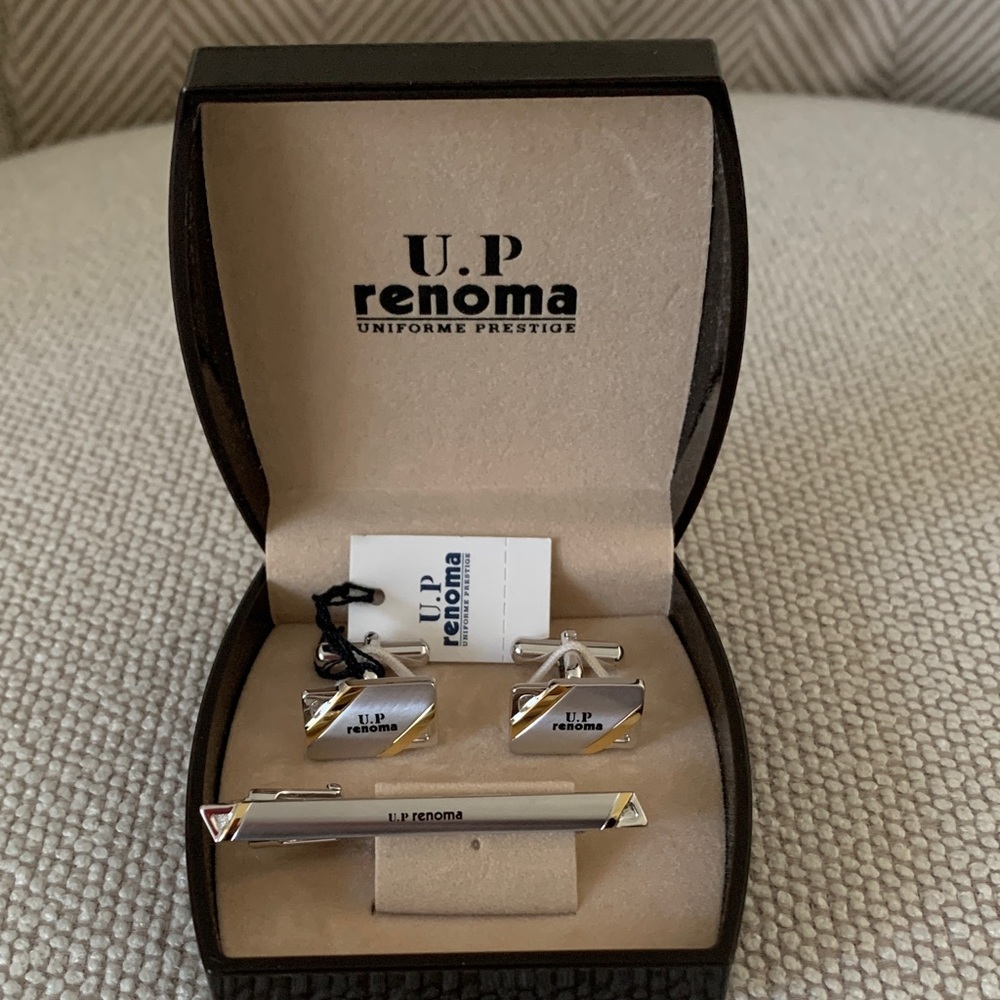 U.P. RENOMA Silvertone Cufflinks and Tie Clip Set